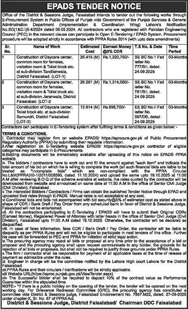 District & Session Court Faisalabad Tender Notice